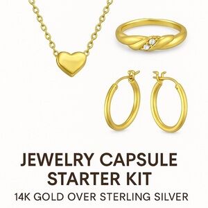 Jewelry Capsule Starter Kit 14k Gold Vermeil Heart Necklace, Gold Hoops & Ring​